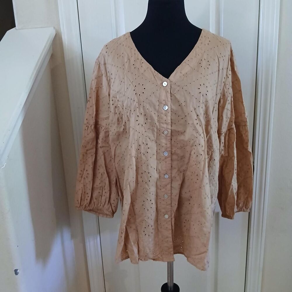 J. Jill Tan 100% Cotton Eyelet Button Up Blouse 3/4 Sleeves XL Boho Coastal
